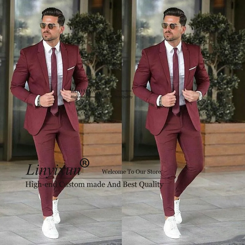 

Custom Made Burgundy Coat Pants Mens Wedding Suits Business Man Blazers Bridegroom Blazer Groom Tuxedos 2 Piece Costume Homme