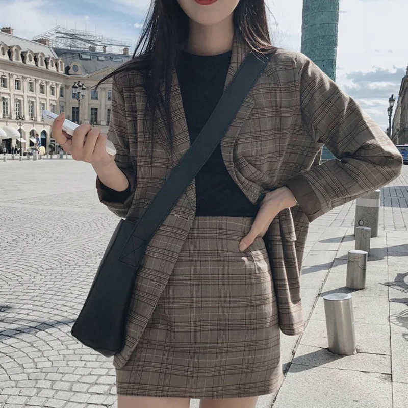 Женский клетчатый костюм повседневный пиджак с высокой талией и юбка разрезом