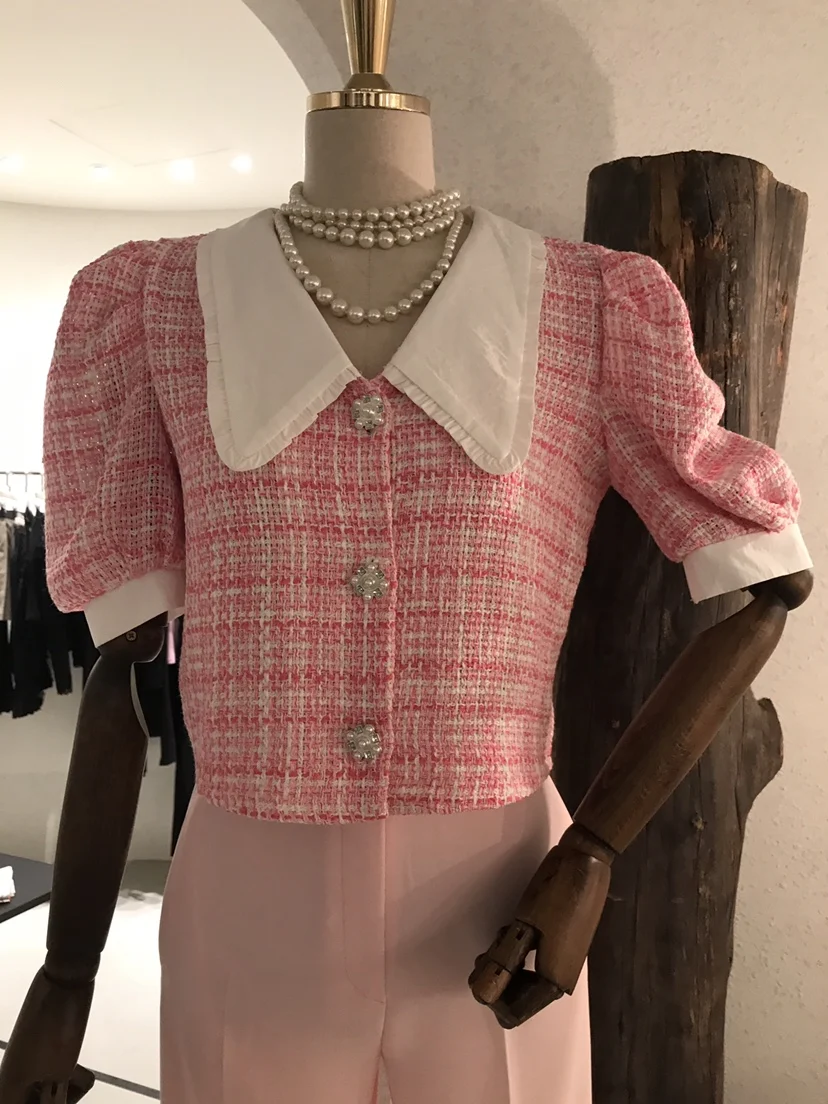 

2021 Spring and Summer Korean Style Small Fragrance Doll Collar All-match Short Bubble Short-sleeved Tweed Shirt Women