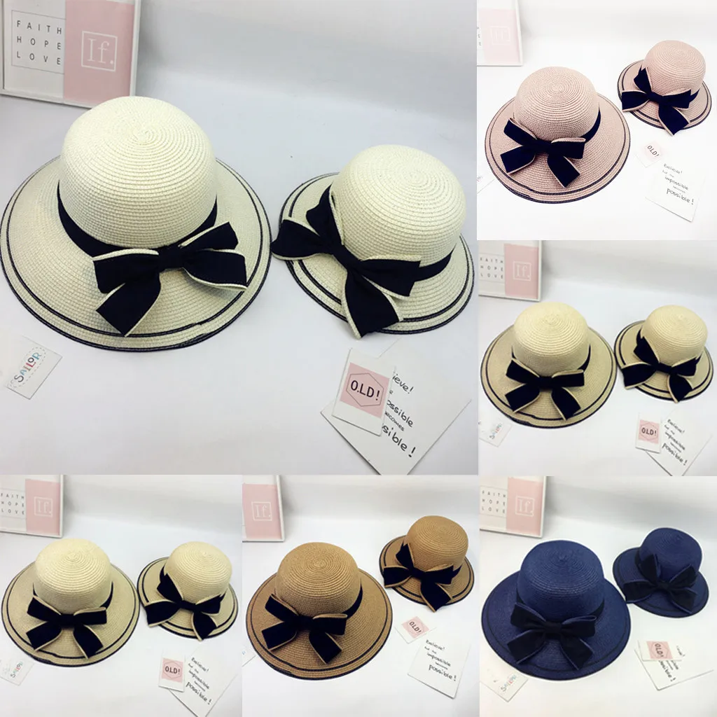 

Summer Parent-child Women Baby Kids Girl Beach Bow Straw Flat Brim Sun Hat Cap