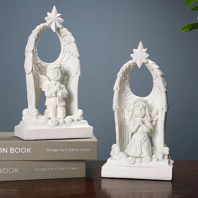 

European Retro White Blessing Prayer Angel Resin Sculpture Church Bookcase Figurines Crafts Home Livingroom Sculpture Decoration