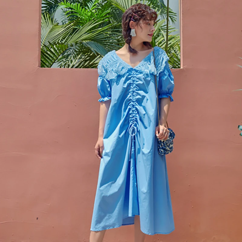 GALCAUR Summer Sequin Drawstring Dress For Women Peter Pan Collar Puff Sleeve Ruched Loose Female Fashion 2020 Korean New | Женская