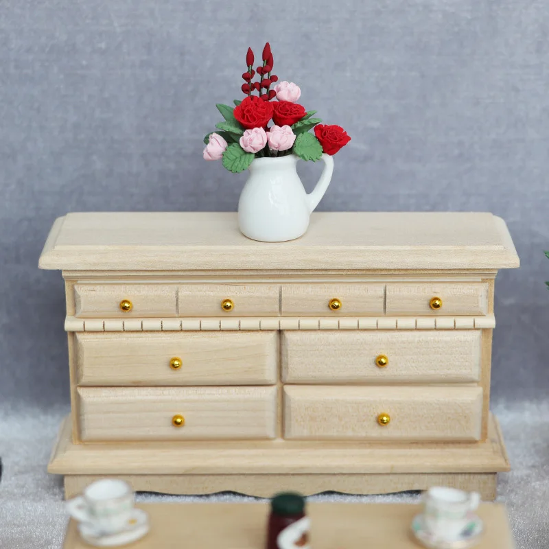 

1: 12 Doll House Mini Furniture Model Bedroom Living Room Plain Solid Wood Five-Drawer Long Cabinet Diy