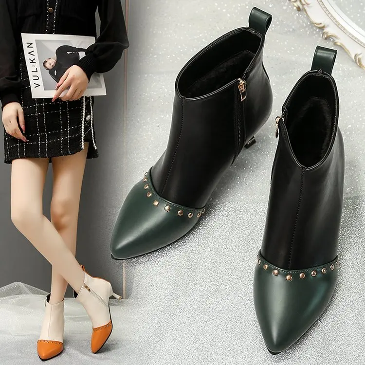 

Winter 2021 Designer Ankle Boots New Women Zipper Sexy High Heels Shoes Party Wedding Pumps PU Leather Snow Mujer Chelsea Boots