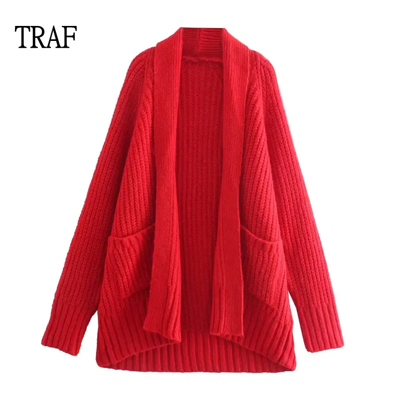 

TRAF Red Sweater Women Cardigan 2021 New Long Sleeve Oversize Sweater Female Cardigan Soft Loose Knitted Outwear Chic Tops