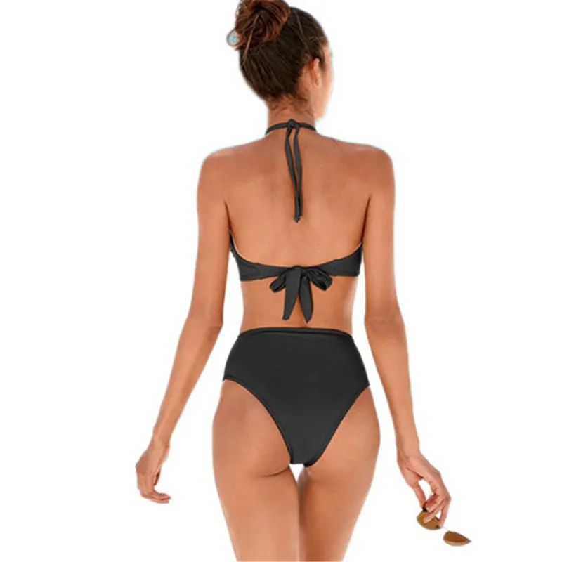 Женский купальник с высокой талией однотонное бикини открытой спиной черный