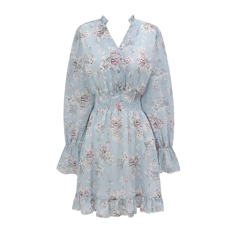 

Женское шифоновое платье с оборками, элегантное платье во французском стиле с V-образным вырезом, длинными рукавами и цветочным принтом, лет...