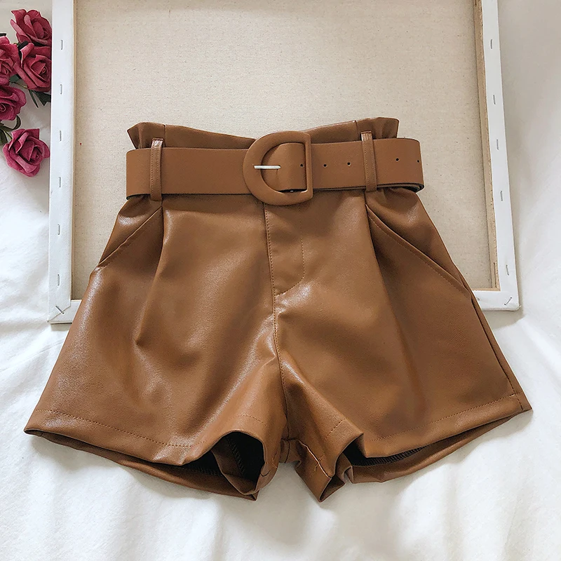

2021 New PU Leather Shorts Women Shorts All-match Sashes Wide Leg Short Ladies Sexy Leather Shorts Autumn Winter