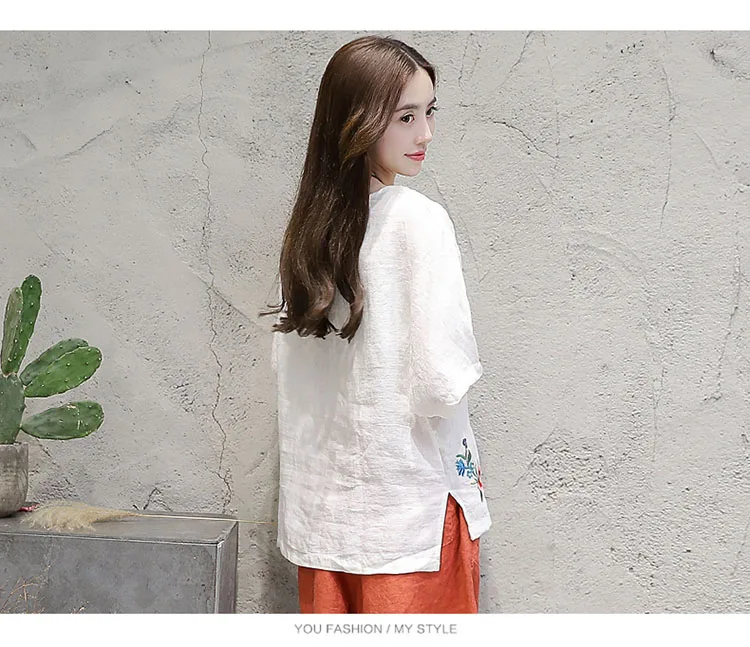 

Summer 2019 Vintage Women Loose Korean White Emboridery 4xl Linen T Shirt Top Blouse , 2019 Female Woman Tops and Blouses