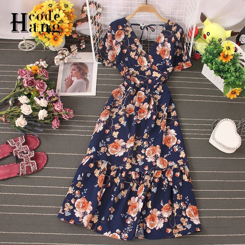 HangCode Бохо цветочный принт красное женское платье короткий расклешенный рукав