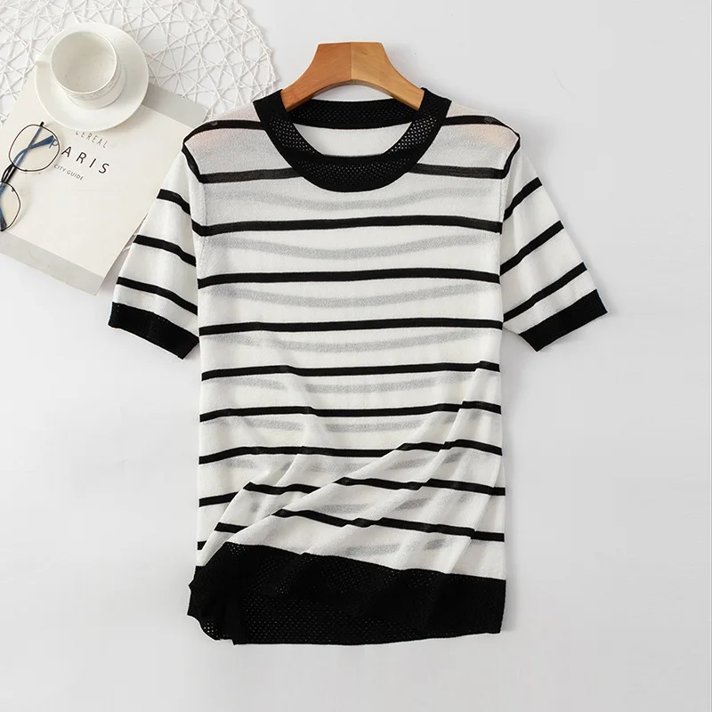 

Summer Hollow Out Short Sleeve Striped Pullover Women Sweater Knitted 2021 Sweaters O-Neck Tops Korean Pull Femme Jumper Female