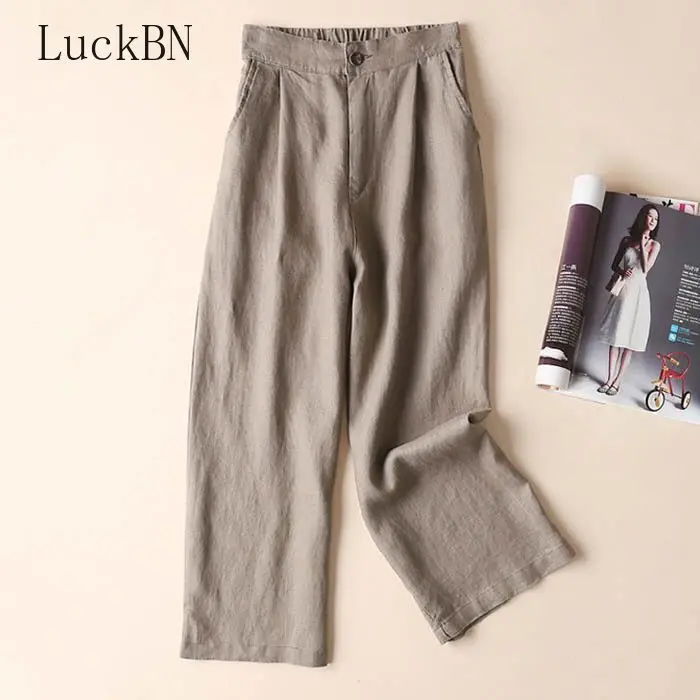 Брюки Женские однотонные из льна офисные широкие штанины с эластичным поясом