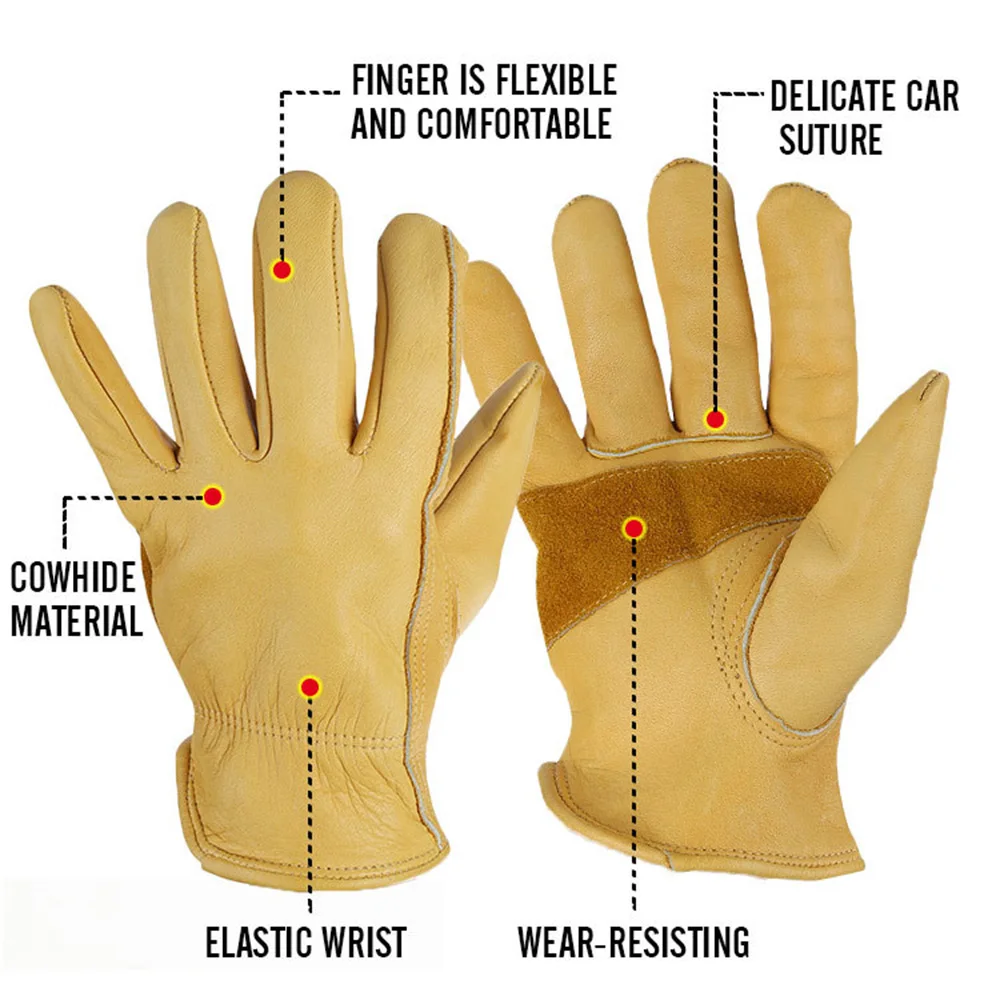 [AETRENDS] Flex Grip Leather Work Gloves Stretchable Wrist Tough Cowhide Working Gloves(Gold, S, M, L, XL) O-0047