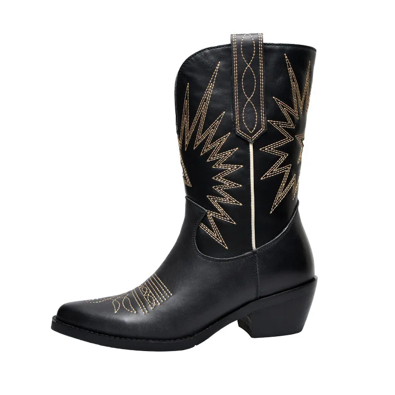 

French small head layer cowhide 2019 middle boots thick high heel