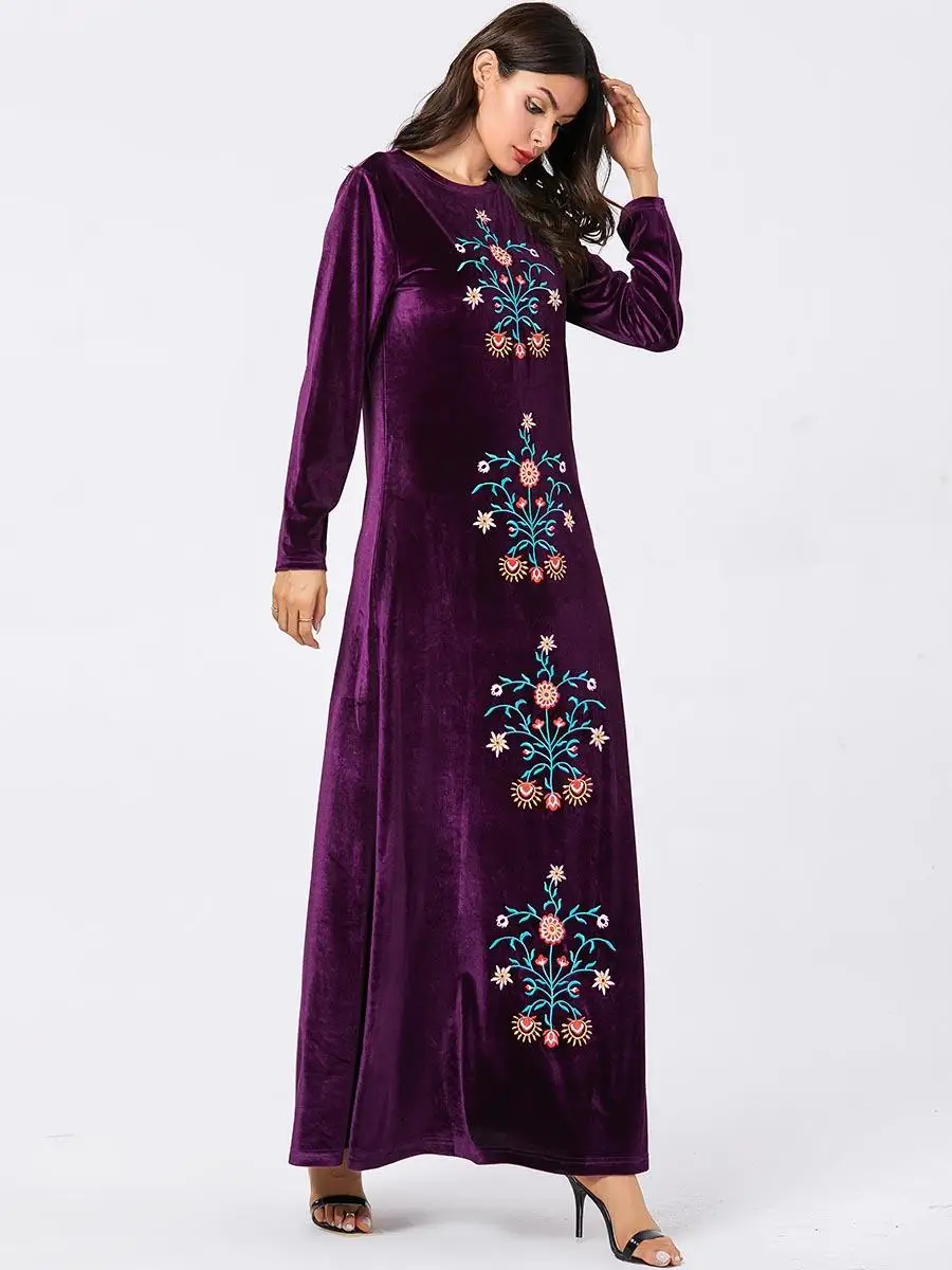 Дубай abaya вельветовое платье с длинными рукавами мусульманская женская одежда с вышивкой винтажное платье-Кафтан Исламская одежда с круглым вырезом Арабская Мода