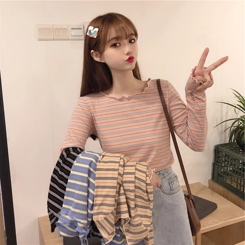 

Cute Kawaii Pink Striped Thin Crop Top Slim Inside Long Sleeve Women T Shirt Tunics 2021 Casual Harajuku Clothing Black Harajuku