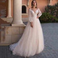eightree robe de mariage elegant long sleeve wedding dresses 2021 lace bride dress glitter vintage wedding gowns bohemian v back