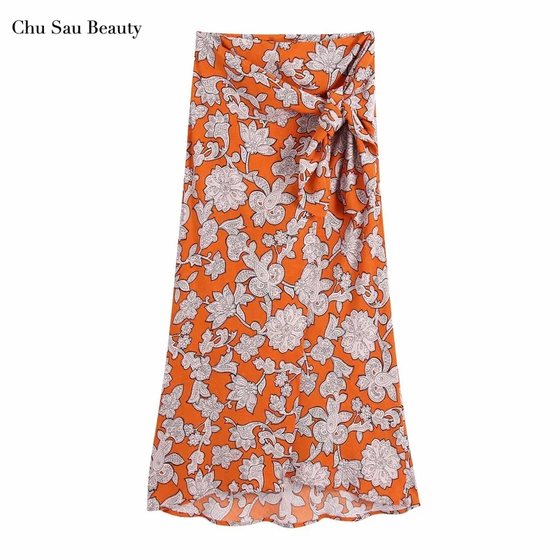 

Chu Sau Beauty Za 2021 Women's Knotted Printed Skirt, Bowknot Decoration, Irregular Split Hem, Fashionable All-Match Skirt