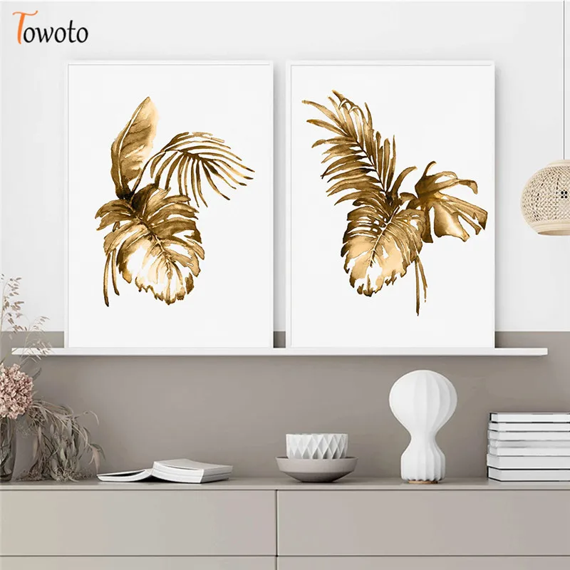 Абстрактная Картина на холсте с изображением растений скандинавский Золотой