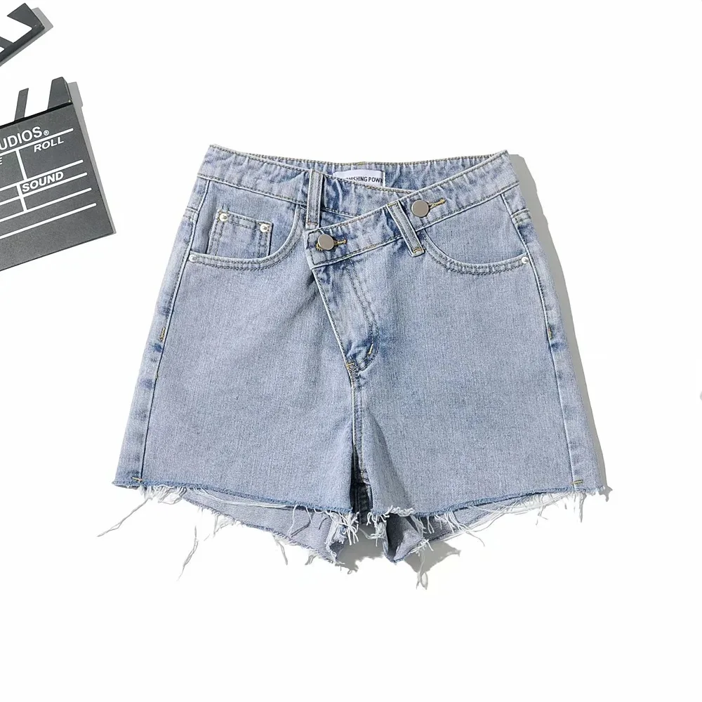 

WOMENGAGA High Waist Do Old Oblique Buckle Rough Edges Jeans Woman Summer Fashion Trend Casual Washed Denim Hot Shorts K93Y