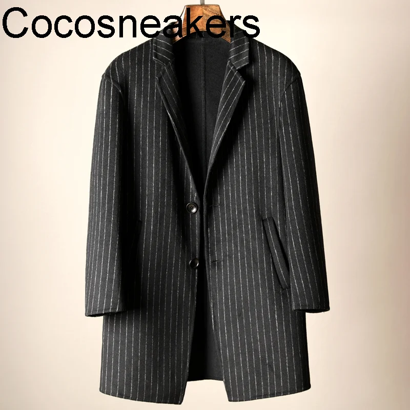 

collar New new business double-sided series suit woolen coat winter Ni men's medium and long coat vertical stripe