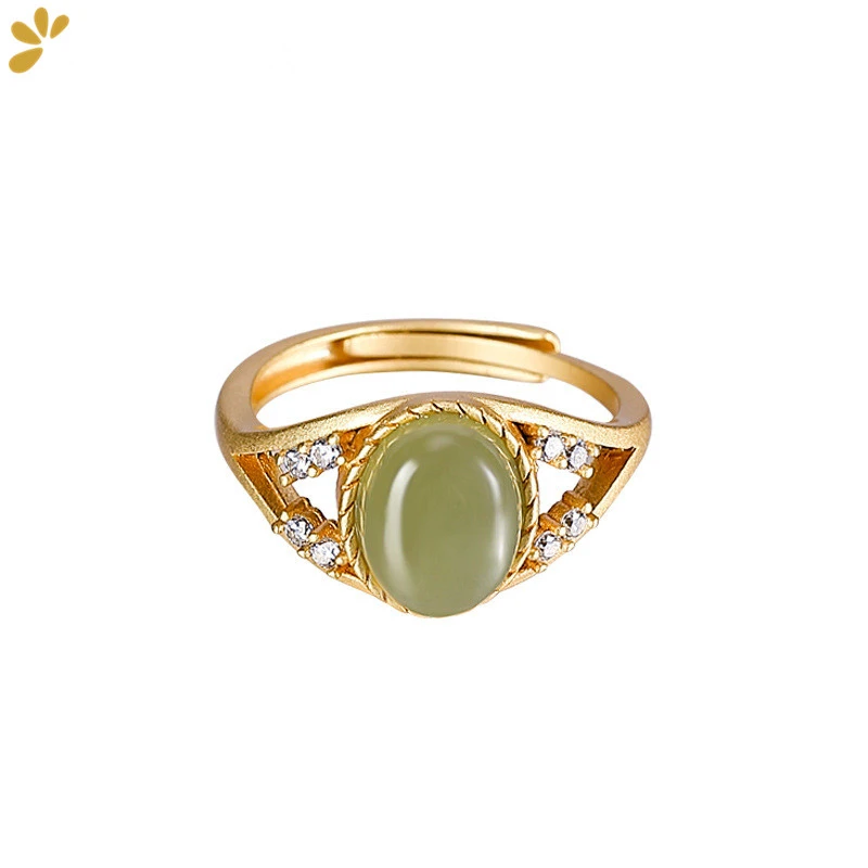 

Vintage 925 Sterling Silver Gold Plated Green Jade Jasper Women's Ring Fine Jewelry Simple Gemstone Zircons Open Rings Gift