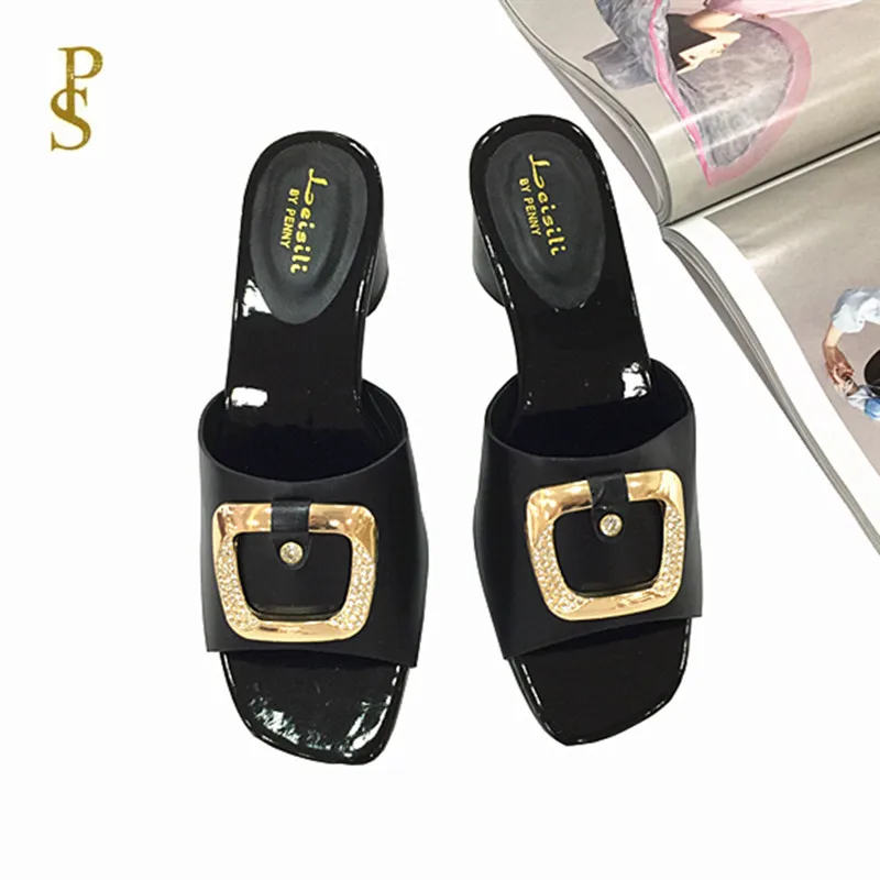 Женская обувь на высоком каблуке шлепанцы с металлическими пряжками в