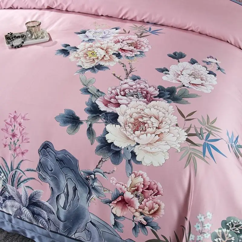 Pink Long-staple Cotton Bedding Set Chinese classical style Bed flowers Duvet Cover/sheet/pillowcase Queen/King Size | Дом и сад