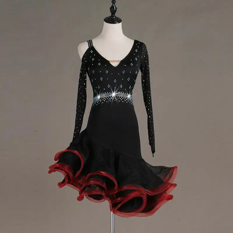 

Custom Long Sleeve Women Latin Dance Dress Rhinestone Cha Cha Salsa Samba Rumba Performance Dancing Wear Ballroom Tango Dresses