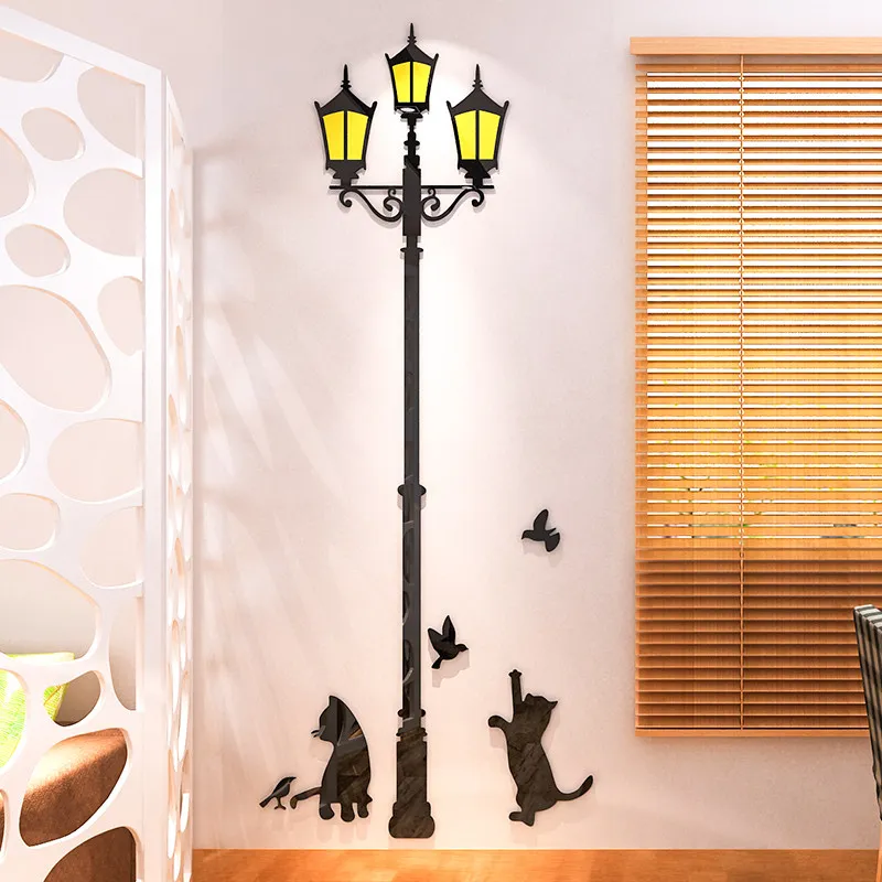 

Funny Cat with Lamp 3D Acrylic Wall Stickers Living Room Hallway Kids Room Decorative Wall Poster Creative Wall Decor 4 Sizes