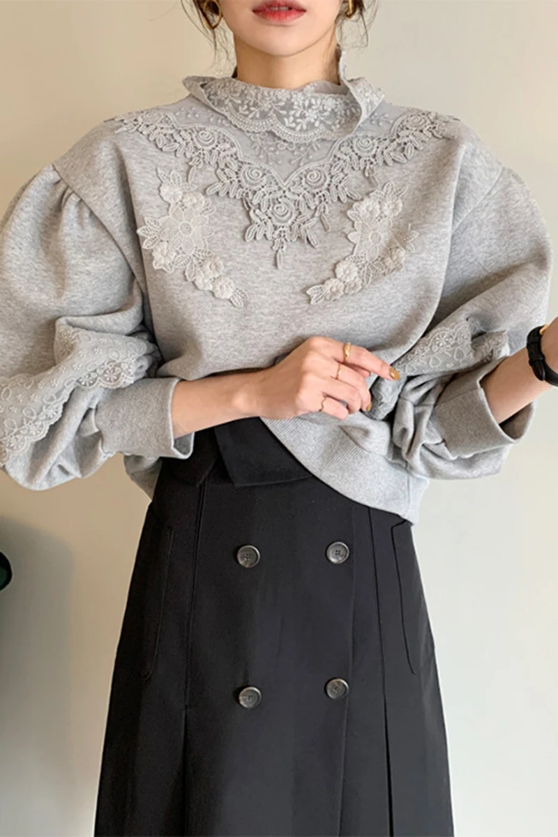 

Korean Style Elegant Chic Lace Crochet Lantern Sleeve Sweatshirt Clothes Top