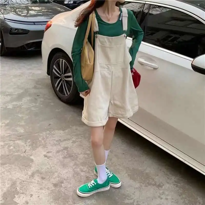 Denim Jumpsuits Women's Korean Preppy Style Summer Loose Lavender Jumpsuit Oversize Big Pocket Thin 2021 Woman Jumpsuit Shorts