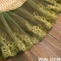 21cm wide luxury green tulle mesh lace fabric golden floral embroidered ribbon fringe lace edging trim wedding dress sewing diy