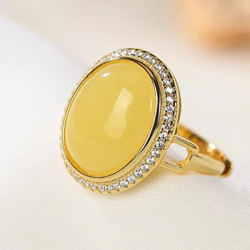 

100% 925 Sterling Silver Amber Ring With Zircon Adjustable Women Old Beeswax Bands Healing Jewelry Rings For Girlfriend Mom Gift
