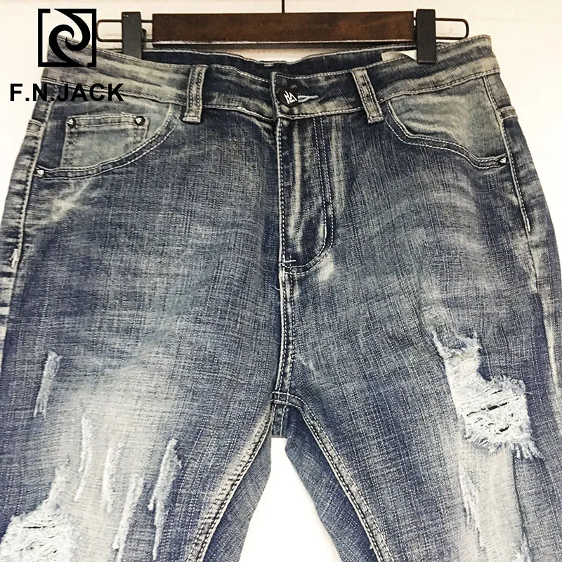F.N.JACK мужские обтягивающие джинсы крутой парень рваные тонкие прямые джинсовые