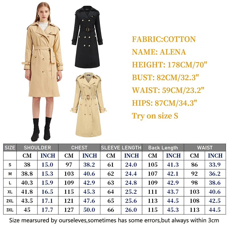 

Women's Windbreaker Long Waist Cotton Fashion Classic Coat Long Sleeves Turn Up Plus Size 3xl High Quality Ladies Windbreaker