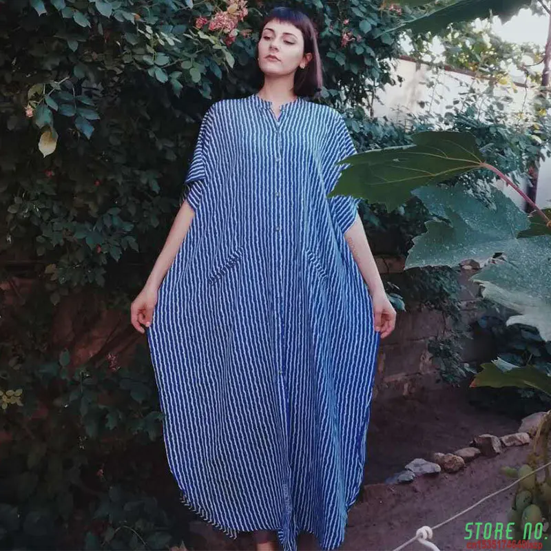 

Casual Bikini Cover-ups Blue Tunic Sexy Striped Front Open Summer Beach Dress Elegant Women Beach Wear Swim Suit Cover Up Q1097