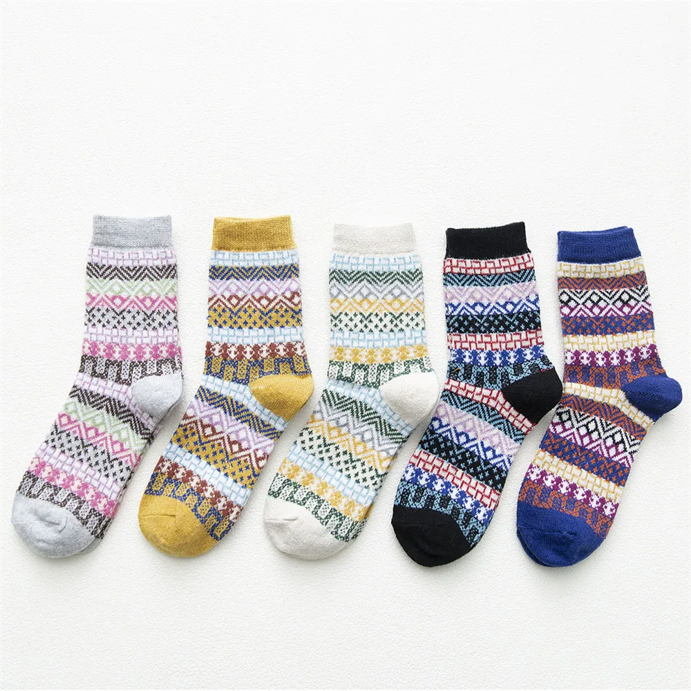 HSS Brand Fashion Women Winter Socks Warm Thicken Rabbit Wool Socks Casual Breathable Ethnic Style Student Girl's Socks 5 Pairs
