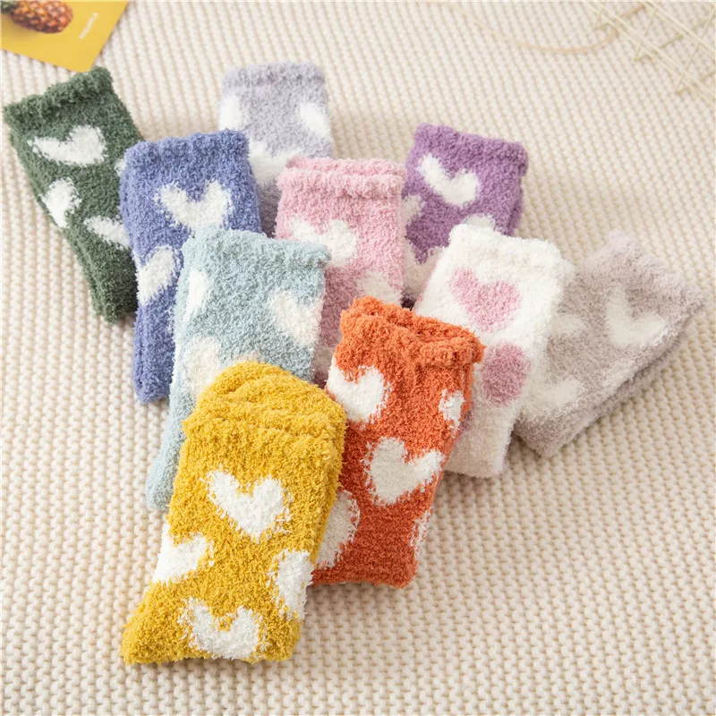 Winter Warm Kawaii Love Heart Fluffy Coral Fleece Socks for Women Soft Coral Velvet Sock Indoor Floor Casual Slippers Socks Sox