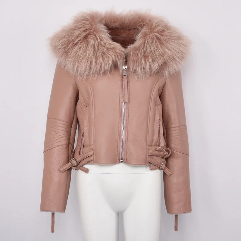 Pink Пальто из натуральной кожи, Женское пальто с подкладкой из натурального меха, байкерская куртка с воротником из меха енота, новинка, S7009 - Цвет: Pink