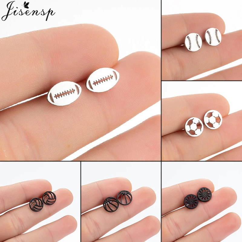 

Jisensp Fashion Football Studs Earrings Black Color Stainless Steel Volleyball Softball Baseball Sports Earrings Jewelry Gift