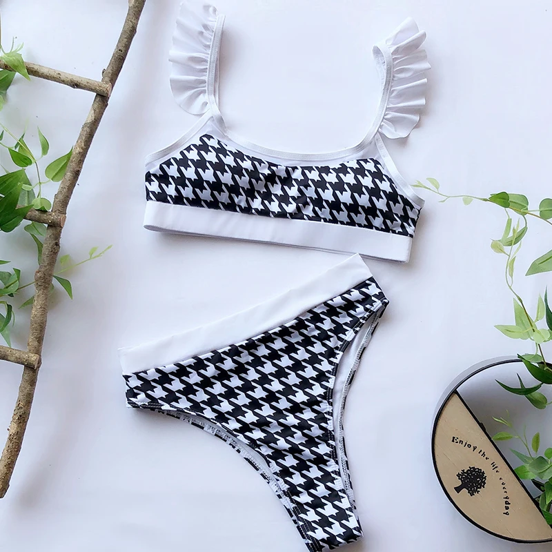 Сексуальный бикини с оборками прозрачный Bandeau бразильский купальник женский Высокая талия Купальник женский пуш-ап винтажный бикини Новинка