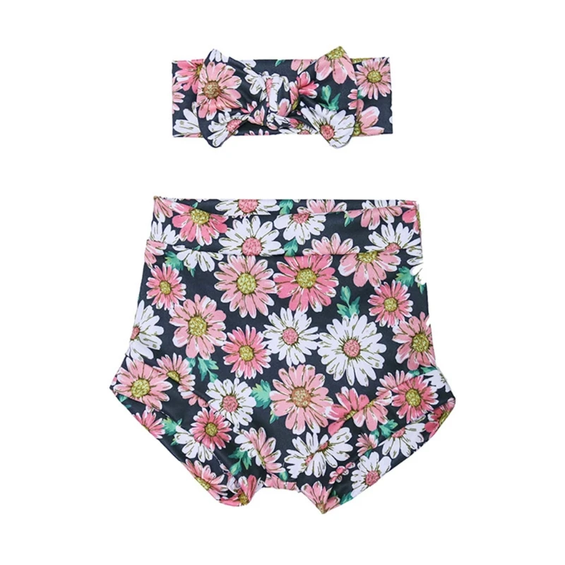 

GXMB 2 Pcs Baby Summer Print Shorts Headband Set Short Pants Trouser Knotted Bow Hair Band Kit for Newborn Infants Shower Gifts