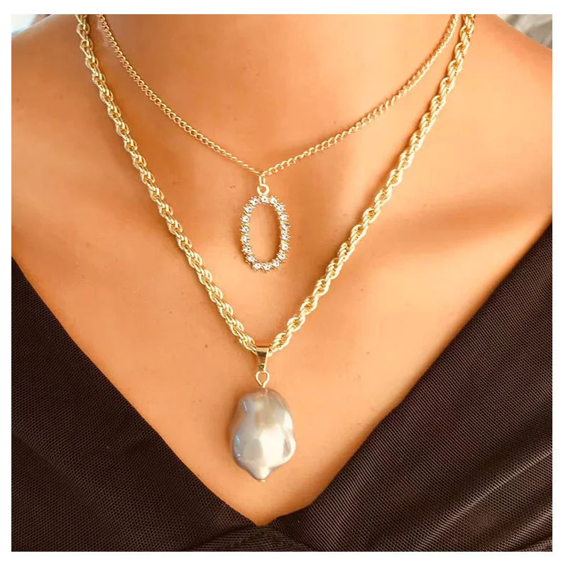

Vintage Crystal Pendants Necklaces for Women 2021 Fashion Double decks Pecial Shaped Pearl Pendant Necklace Bohemian Jewelry