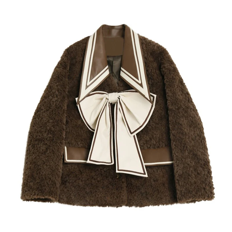 

Женская утепленная куртка из овечьей шерсти, повседневные большие Топы с бантом, теплая одежда на зиму и осень, женские куртки, милая Корейс...