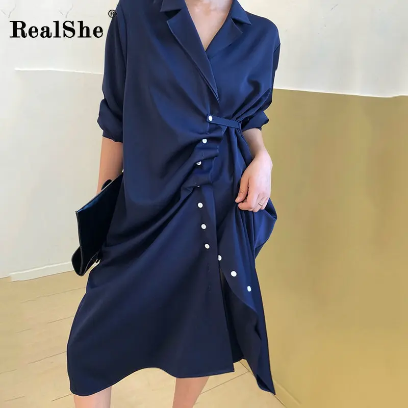 RealShe 2019 женские платья женское платье с отложным воротником и рукавом до локтя на