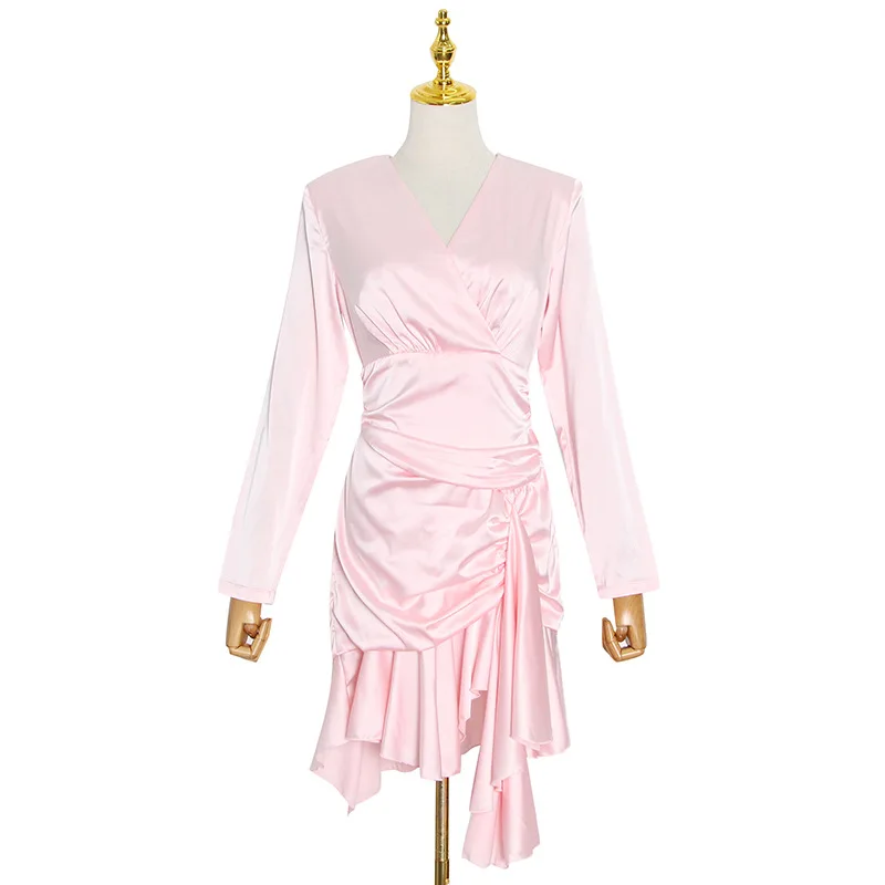 

Winter 2020 New Fashion Temperament Sexy V-Neck Long Sleeve High Waist Pleated Short Dress Women Patchwork Asymmetry Dress Aa04