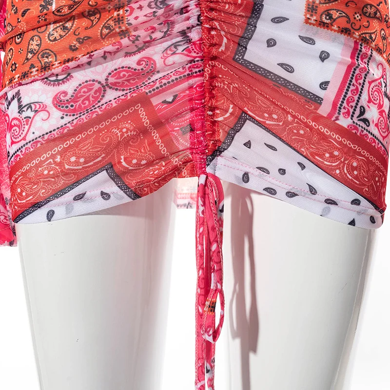 

Deep V Neck Print Mesh See Through Mini Dress Birthday Outfit For Women Flare Sleeve Night Sexy Drawstring Bodycon Dresses