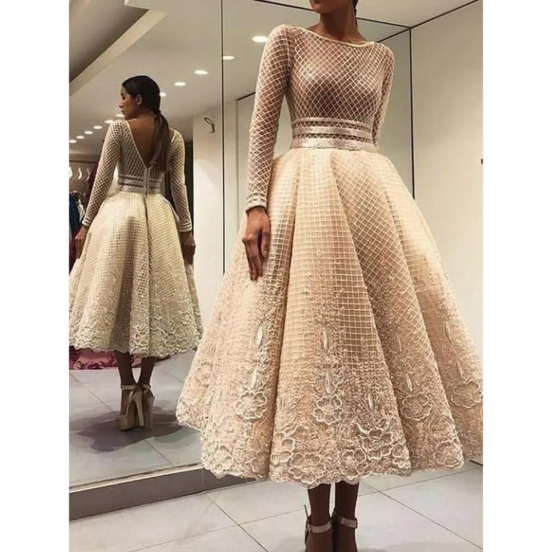 

Robe de soiree Fashion Champagne Short Prom Formal Dresses Long Sleeves Lace Tea Length Evening Party Dress Arabic Maxi Gown