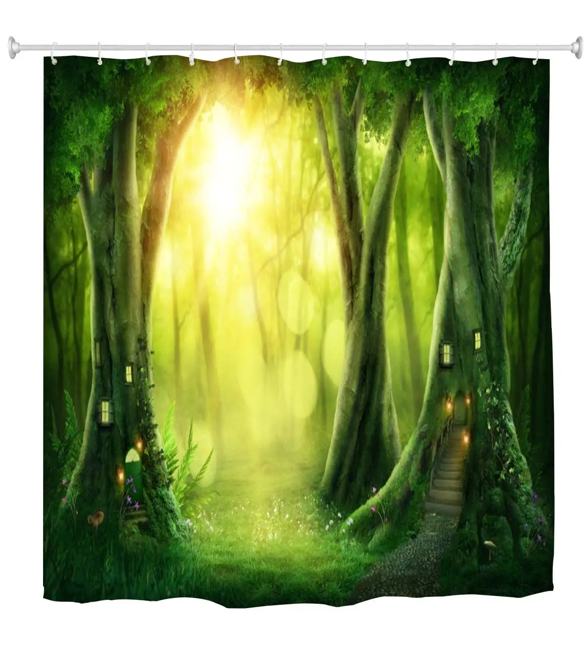 Fantasy Bath Decor Shower Curtain Spring Nature Mystic Tree House Forest Mystical Scene Bathroom Set Green Fabric | Дом и сад